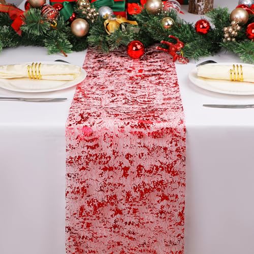 Snowkingdom レッドテーブルランナー スパンコール グリッター ホイルメッシュランナー 生